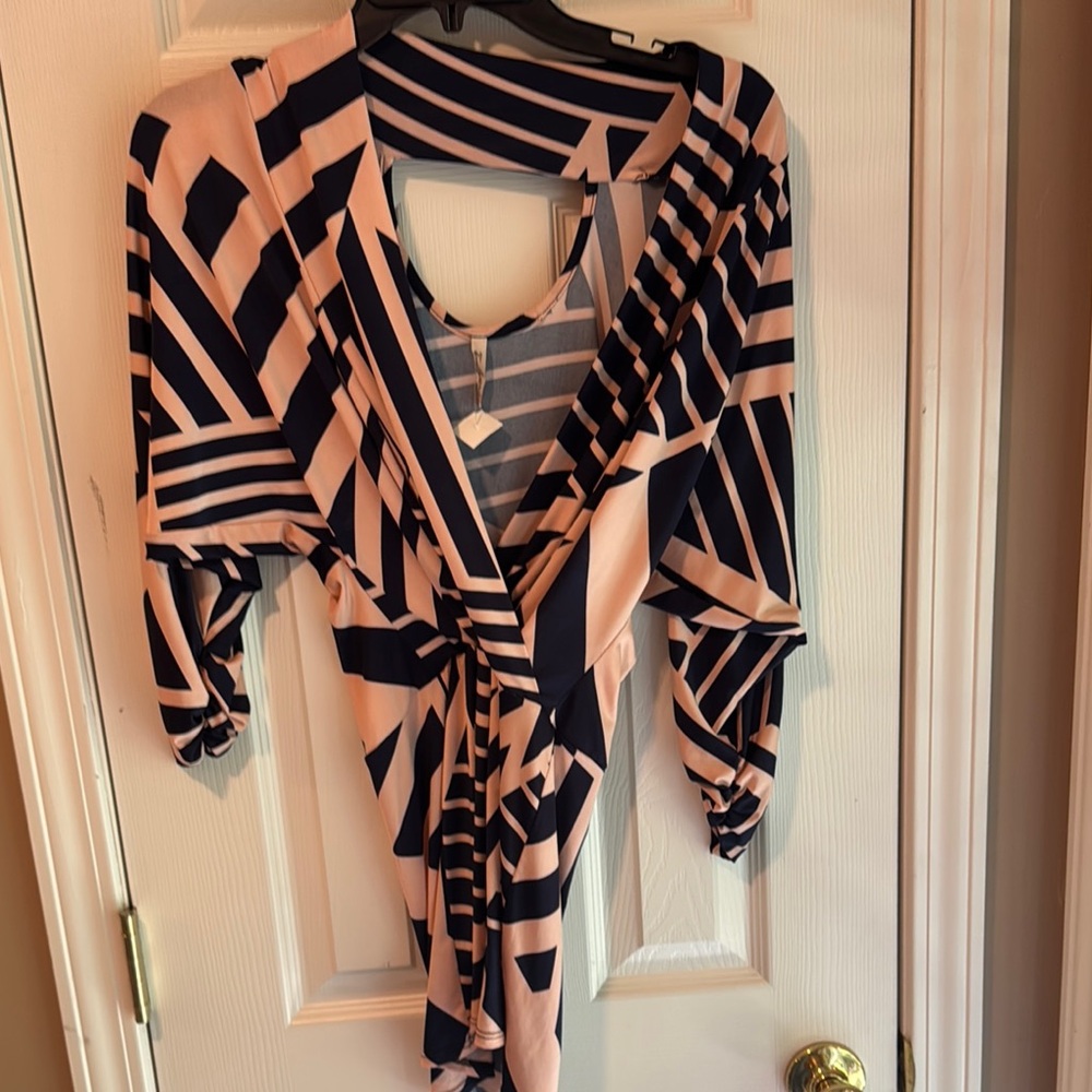 TRUE LIGHT Navy and Peach Striped Dress